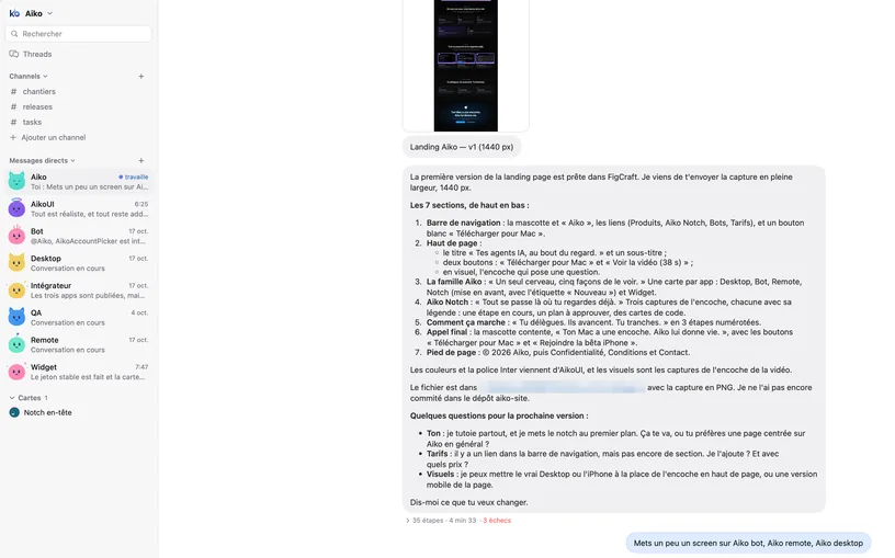 Aiko Bot : la liste des channels et des bots (Aiko, AikoUI, Bot, Desktop, Intégrateur, QA, Remote, Widget) et une conversation avec Aiko.
