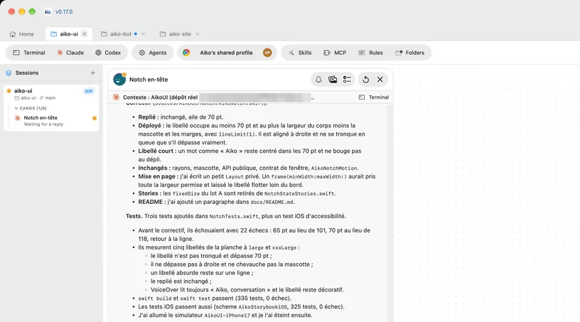 Aiko Desktop : une session aiko-ui avec sa carte d’agent « Notch en-tête » qui attend une réponse, et le compte rendu du travail.